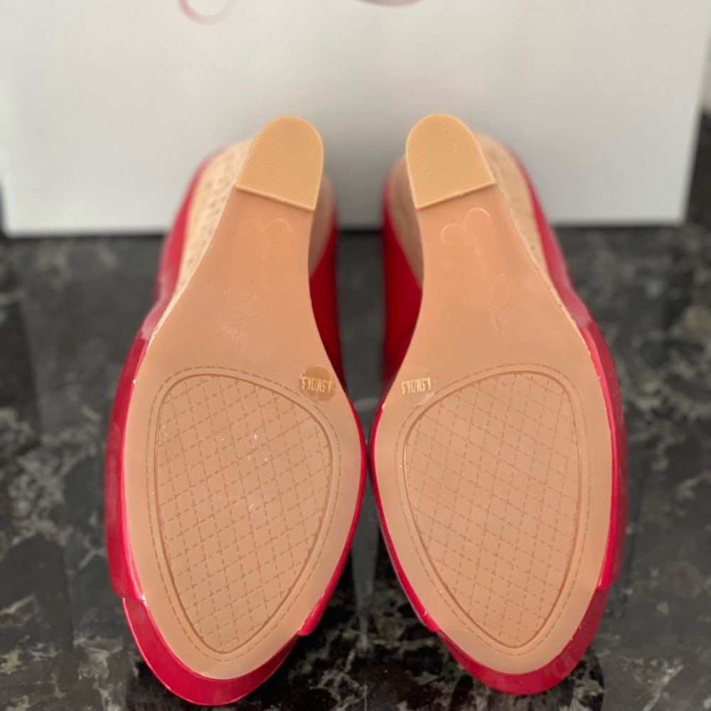 Jessica Simpson Red Patent Cork Wedge Peep Toe Heels | Size 6.5 - Picture 4 of 4
